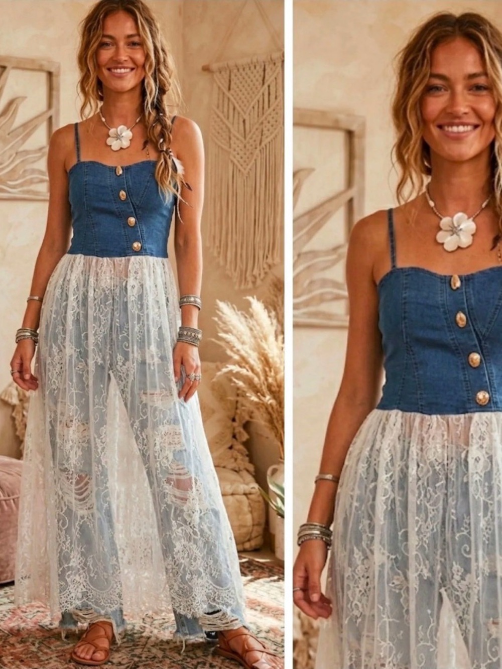 Boutique Bohemian Denim & White Lace Maxi Top